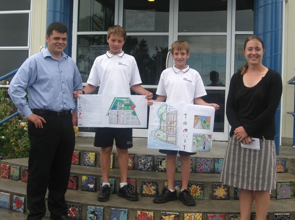 Gareth Green and Hilary Samuel from Taupo District Council with two of the winners - Michael Limbrick and Jonathan Simpson